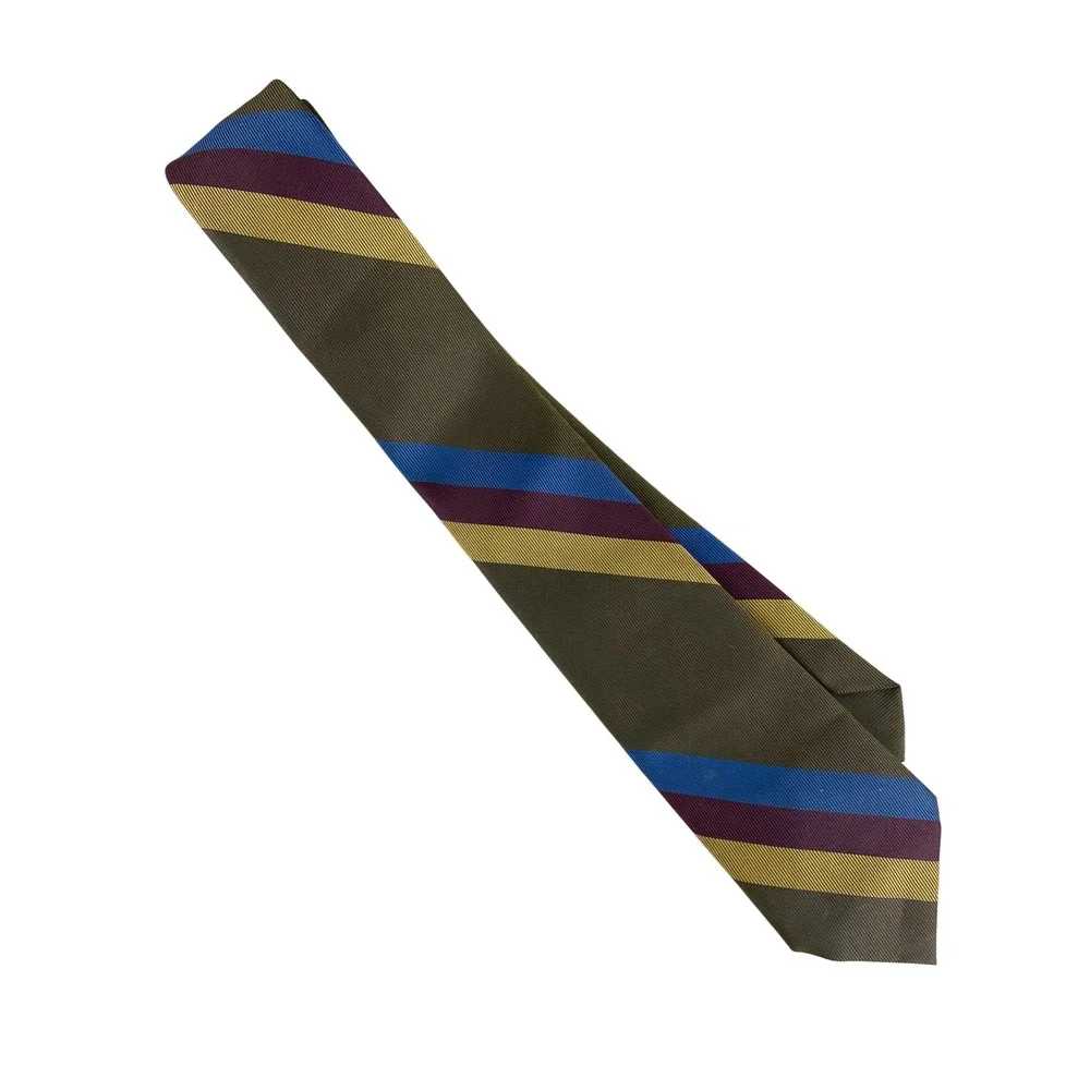 VTG Mens Tie Drab Olive Olive Green Burgundy Gold Blue Rep Stripe Dacron 52x3